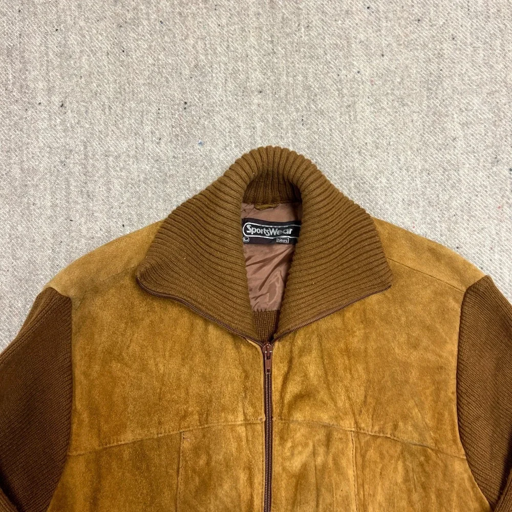 Vintage Sears Suede Wool Sweater Mens Medium Brown 1970s Full Zip - Picture 2 of 7